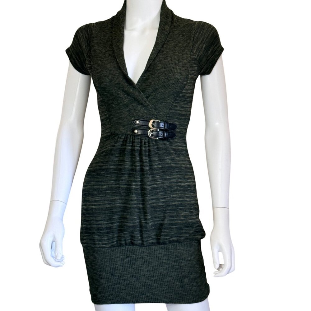 VTG Y2K G Bella Dress Women S Olive Green Knit Buckle Detail Heathered Space Dye